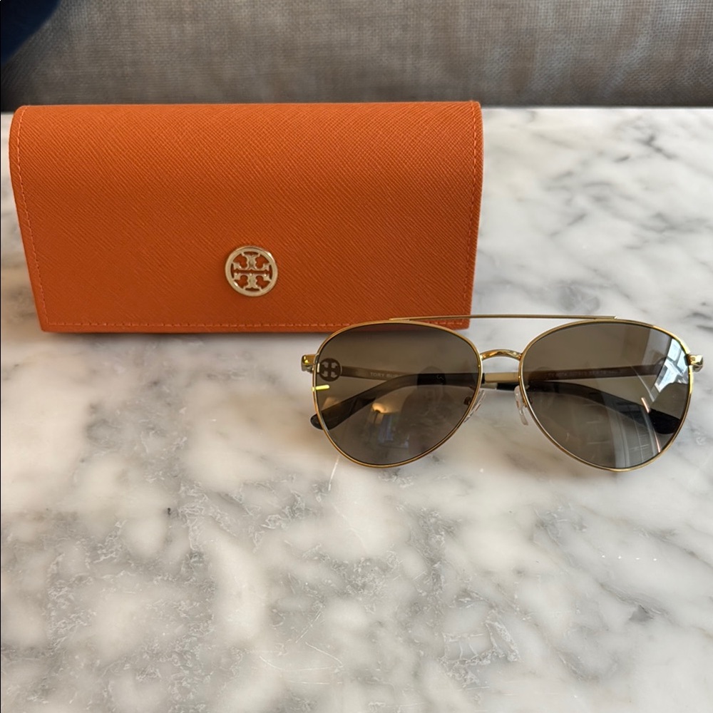 Tory Burch Gold Aviator Sunglasses with Orange Case